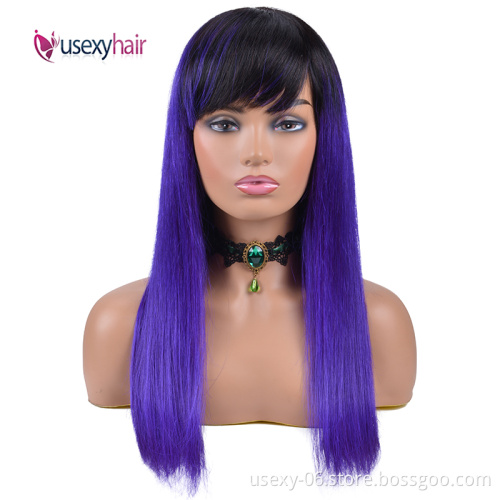 Pre Colored Human Hair Wigs With Bangs Pink Purple Blue Red Grey Green 99J Ombre Color Brazilian Hair Wigs For Black Women